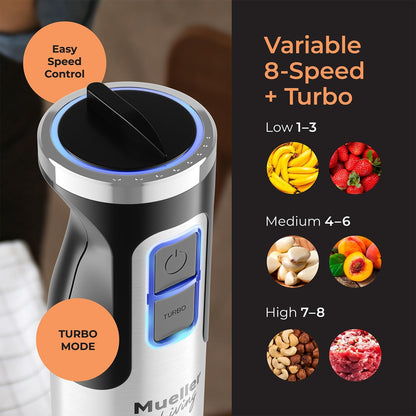 MuellerLiving Ultra-Stick Immersion Hand Blender - 500W Heavy Duty Motor, 8-Speed Turbo, Includes Whisk & Milk Frother