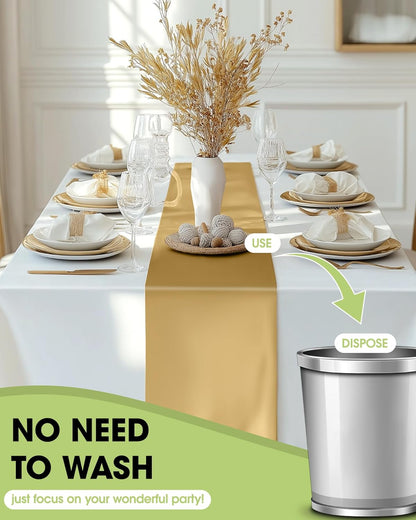 Pureegg Gold Plastic Table Runners - Water Resistant & Disposable | 10 Pack, 14'' x 108'' for Weddings, Parties & Home Decor