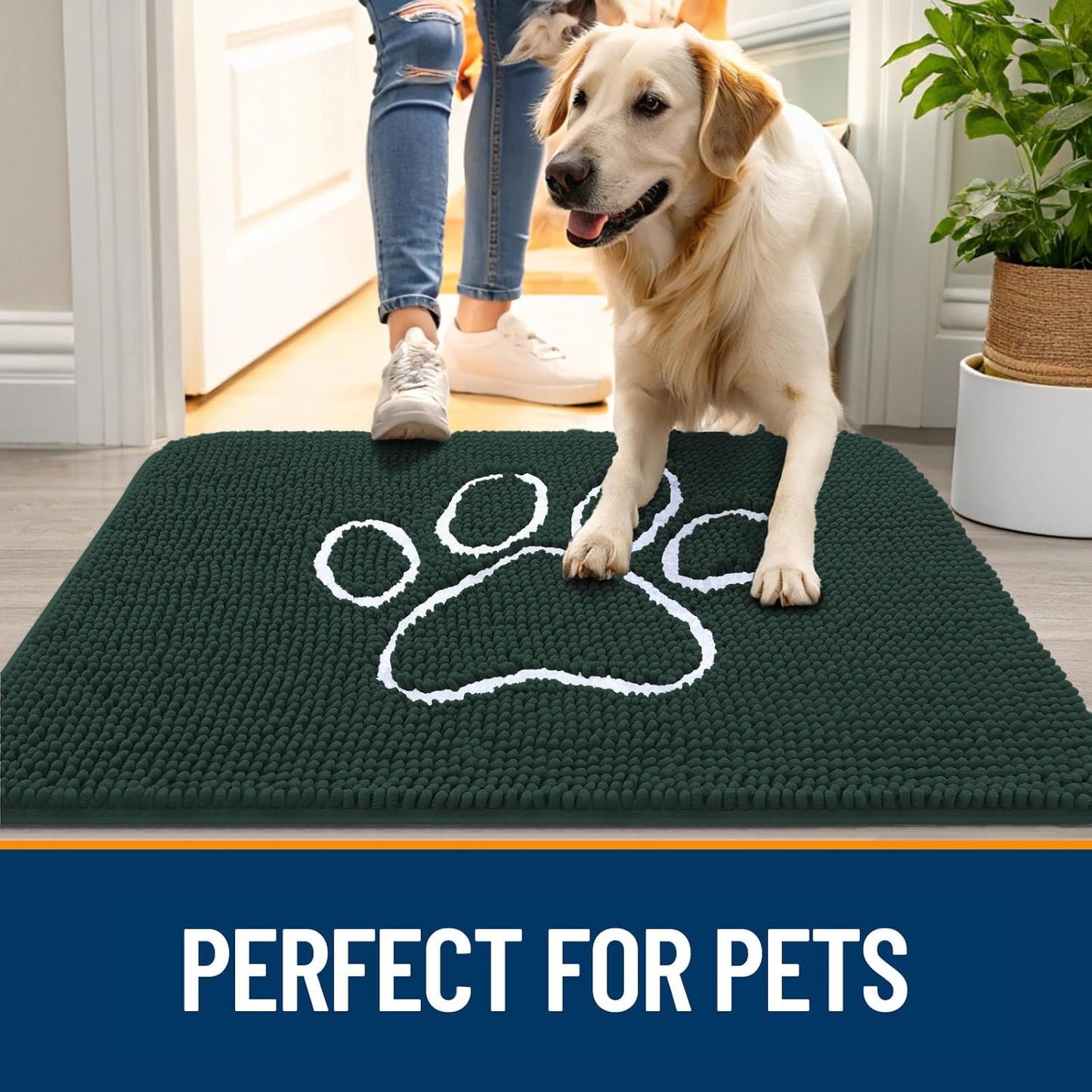 OLANLY Dog Door Mat - Absorbent Non-Slip Mud Mat for Muddy Paws | 24x16 Blackish Green Design