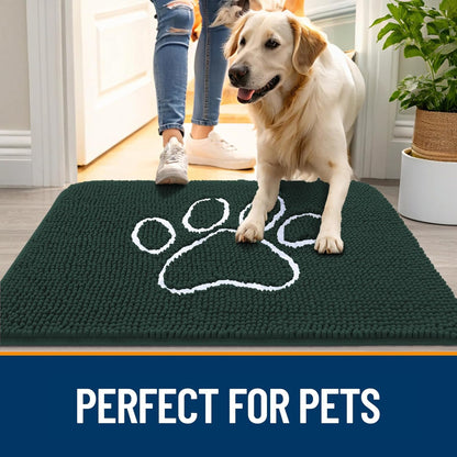 OLANLY Dog Door Mat - Absorbent Non-Slip Mud Mat for Muddy Paws | 24x16 Paw Print Design, Quick Dry Blackish Green