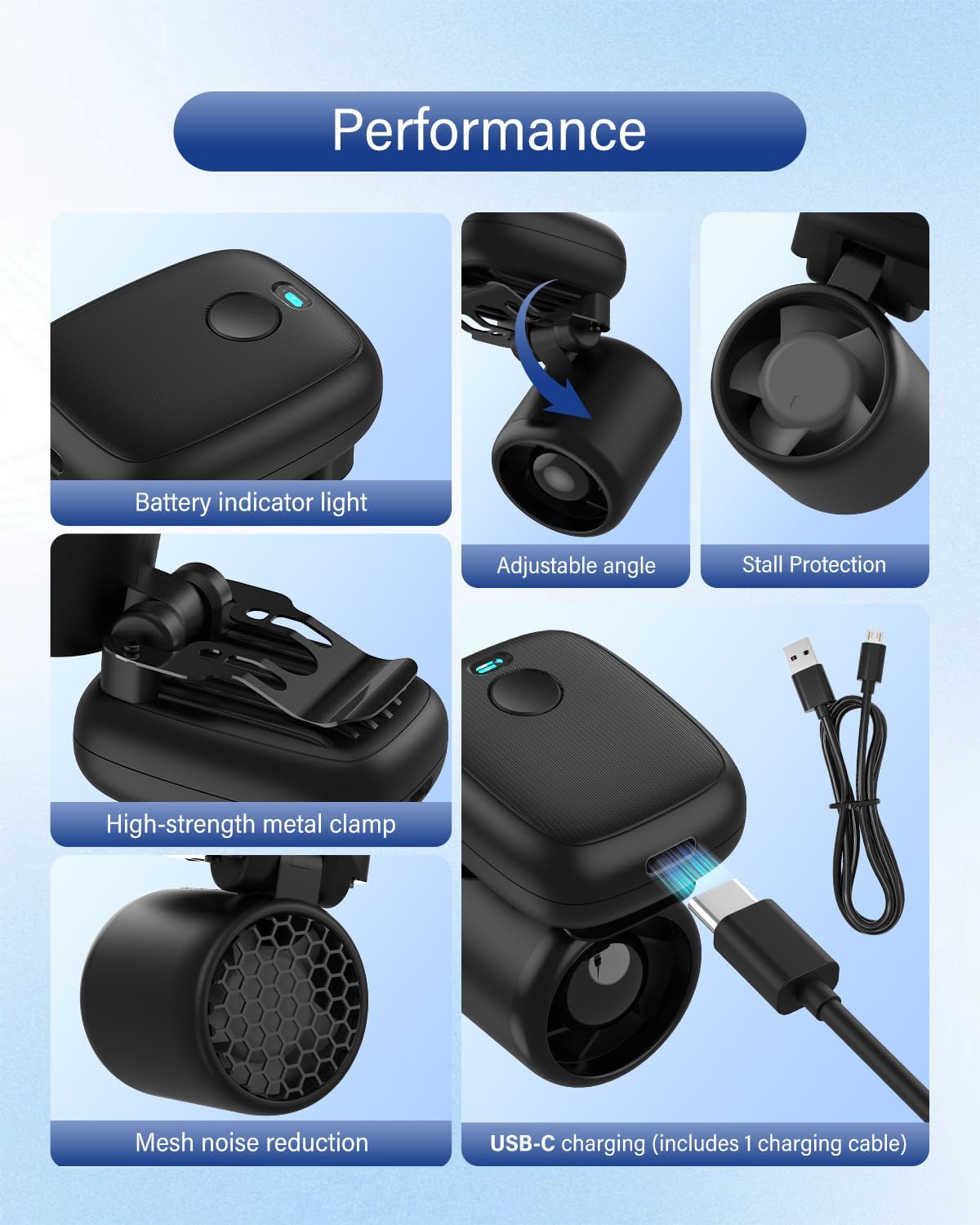 Skiennix Mini Clip-On Fan - Ultra-Lightweight 2oz Rechargeable Cooling Fan with 3 Speeds | Black