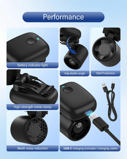 Skiennix Mini Clip-On Fan - Ultra-Lightweight 2oz Rechargeable Cooling Fan with 3 Speeds | Black