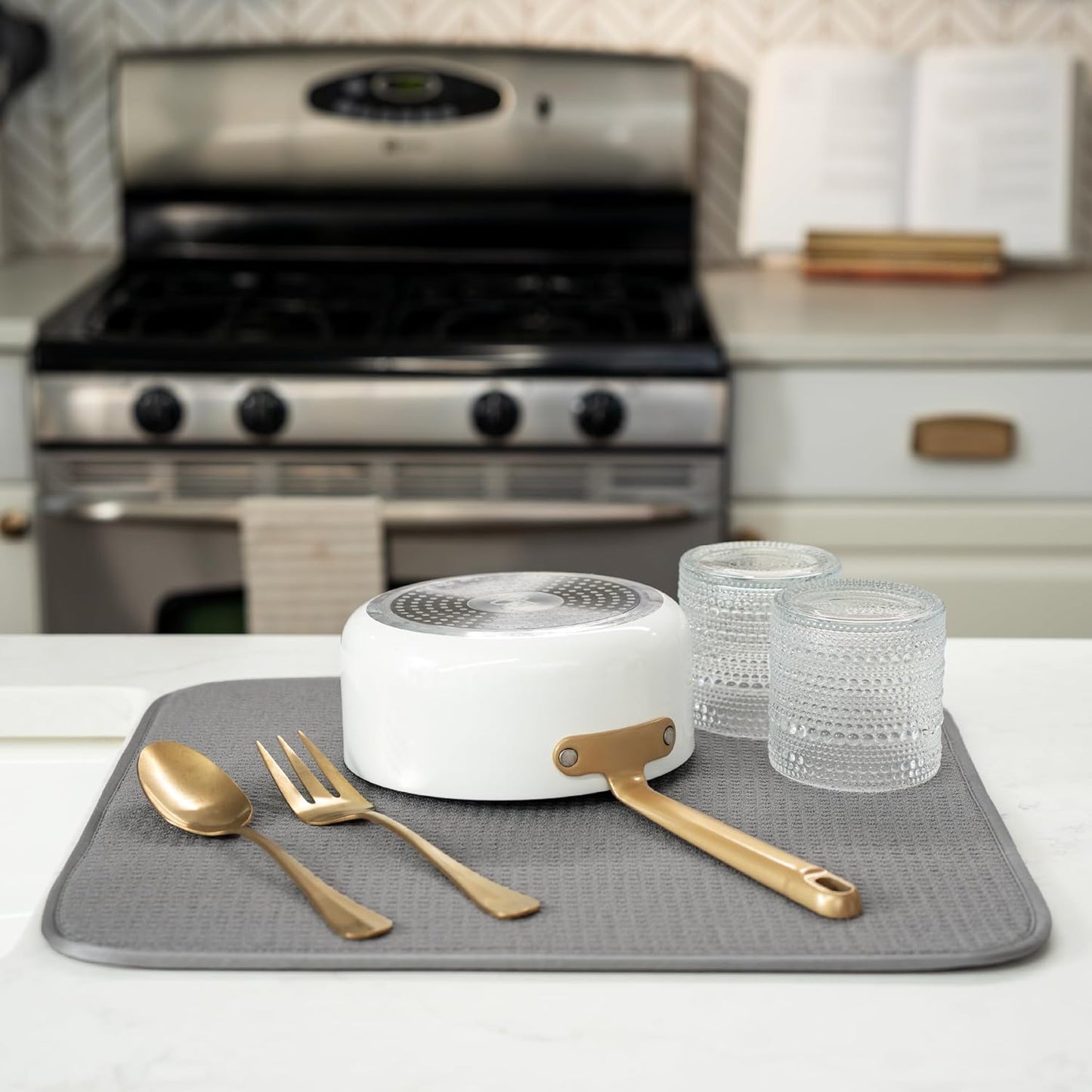 S&T INC. Dish Drying Mat - Absorbent Microfiber Kitchen Counter Pad | 16” x 18” | Large Grey
