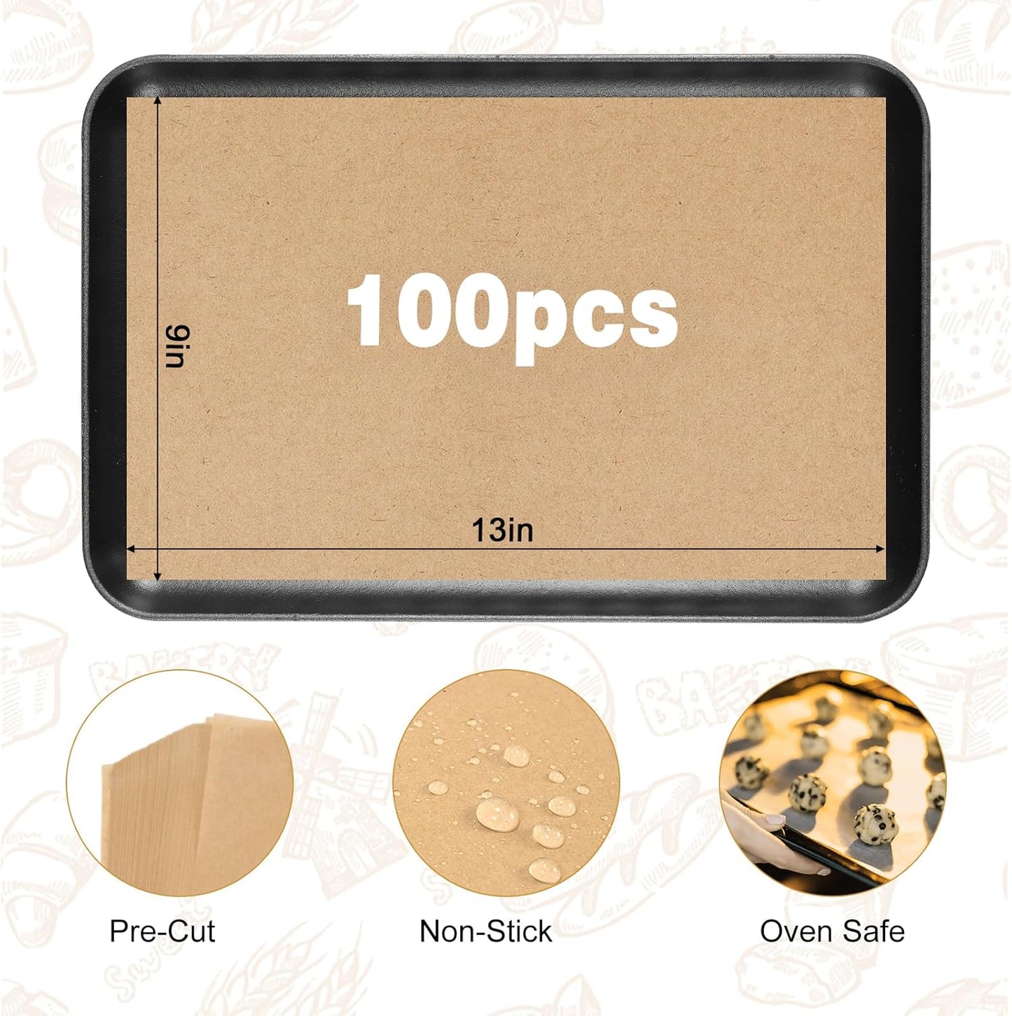 Unbleached Parchment Paper - 100 PCS Nonstick Baking Sheets | 23cm x 33cm, High Temp & Oil Resistant