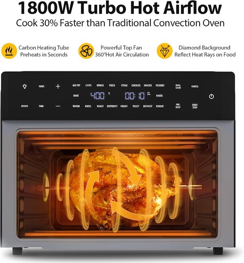 Beelicious 32QT Extra Large Air Fryer - 19-in-1 Toaster Oven Combo with Rotisserie & Dehydrator, Black