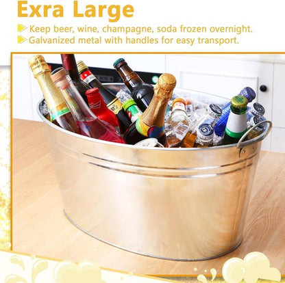 2 Pcs 6.3 Gallon Galvanized Beverage Tubs Large Drink Buckets for Parties Insulated Metal Ice Bucket with Handles Rustic Storage Container for Parties Beer Drinks, Silver