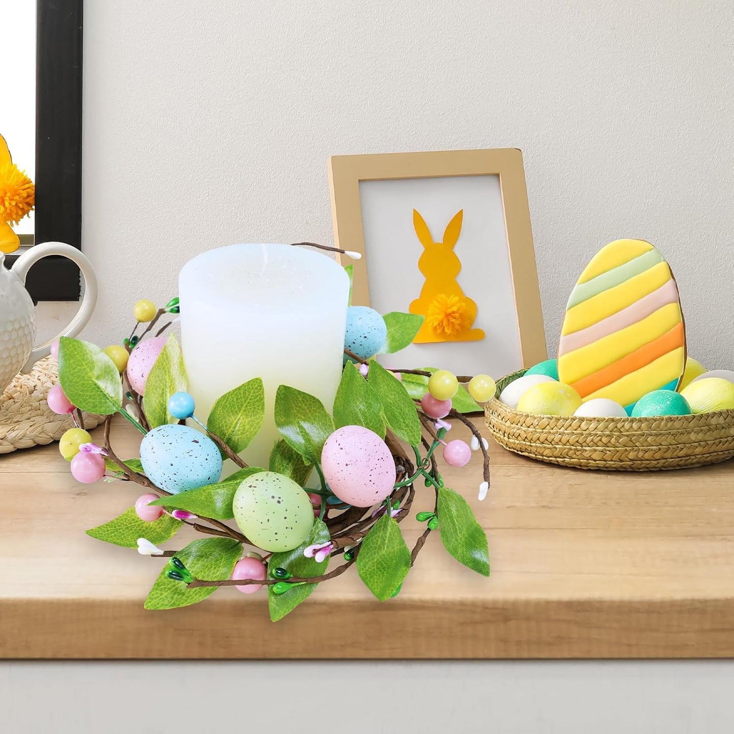 Winlyn Easter Egg Candle Rings - 4 Pcs Spring Wreaths with Pastel Eggs & Foliage | 11" Table Centerpiece Decor