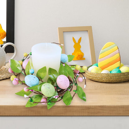 Winlyn Easter Egg Candle Rings - 4 Pcs Spring Wreaths with Pastel Eggs & Foliage | 11" Table Centerpiece Decor