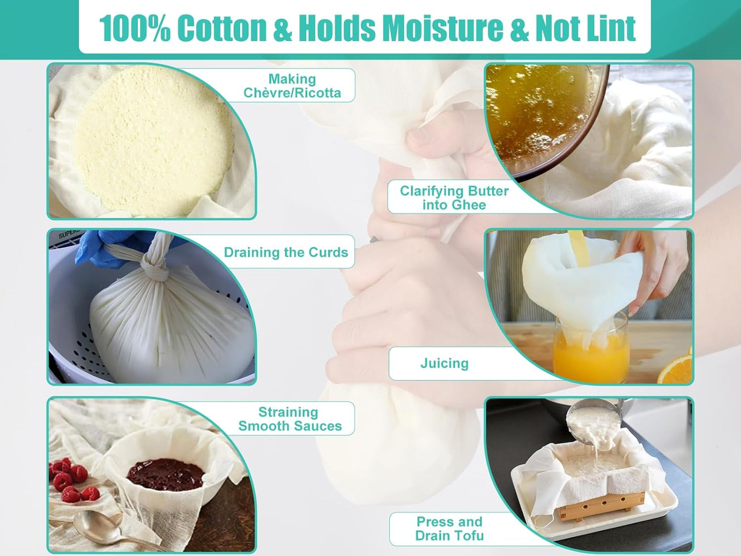 Olicity Cheese Cloths - Reusable Double-Layer 20x20 Inch Unbleached Cotton Straining Bags | 2PCS Fine Mesh Muslin