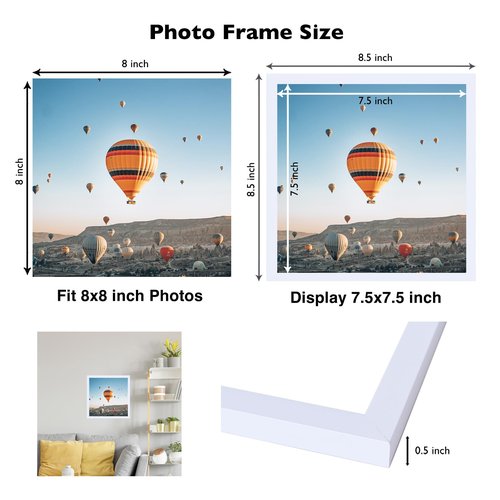 JCJMY 8x8 Picture Frame White for Wall Hanging or Tabletop, Wall Mounting Horizontally or Vertically, 8 x 8 Square Wall Gallery Poster Photo Frame with Durable Shatter Resistant Plexiglass,White