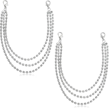 Skiennix Layered Glitter Rhinestone Shoelace Charms - Triple Layer Tassel Crystal Boot Chain | Silver