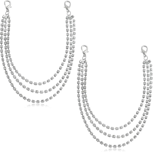Skiennix Layered Glitter Rhinestone Shoelace Charms - Triple Layer Tassel Crystal Boot Chain | Silver