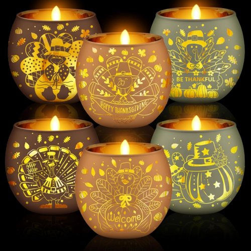 Jingmore Thanksgiving Votive Candle Holders - Set of 6 Flameless Turkey Tea Lights for Fall Decor