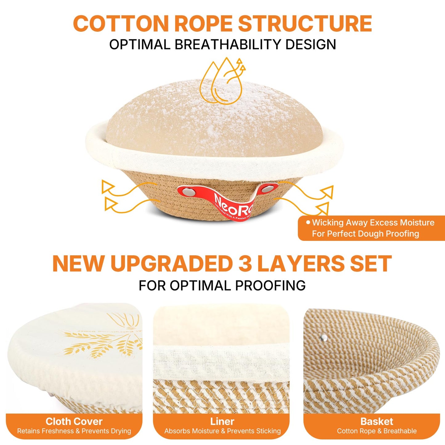 NeoRov Handmade Cotton Rope Banneton Bread Proofing Basket Set - 2X Round Bread Baskets - With Liner & Cloth Cover - For Proofing Sourdough Bread & Bread Storage (Khaki & Khaki Stripes)