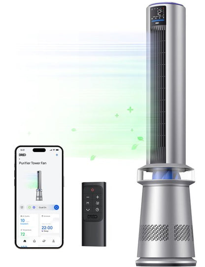 Dreo MC710S Air Purifier Tower Fan, 45" 2-in-1 Smart Fan for Bedroom, 27ft/s Velocity, 120°Oscillation, 24H Timer Bladeless Fans for Home, 25dB Low Noise, Standing Fan Works with Alexa, Silver Blue