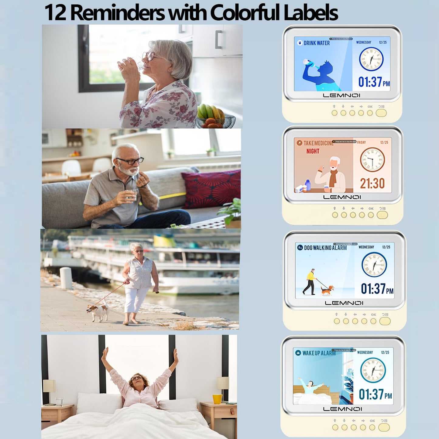 Lemnoi Dementia Clock,Digital Calendar Clock with Day and Date,Alzheimer's Calendar for Seniors Elderly Memory Loss, 15 Alarms 15 Medicine Reminders,Customizable Auto Dimmable,Auto DST(7in White)