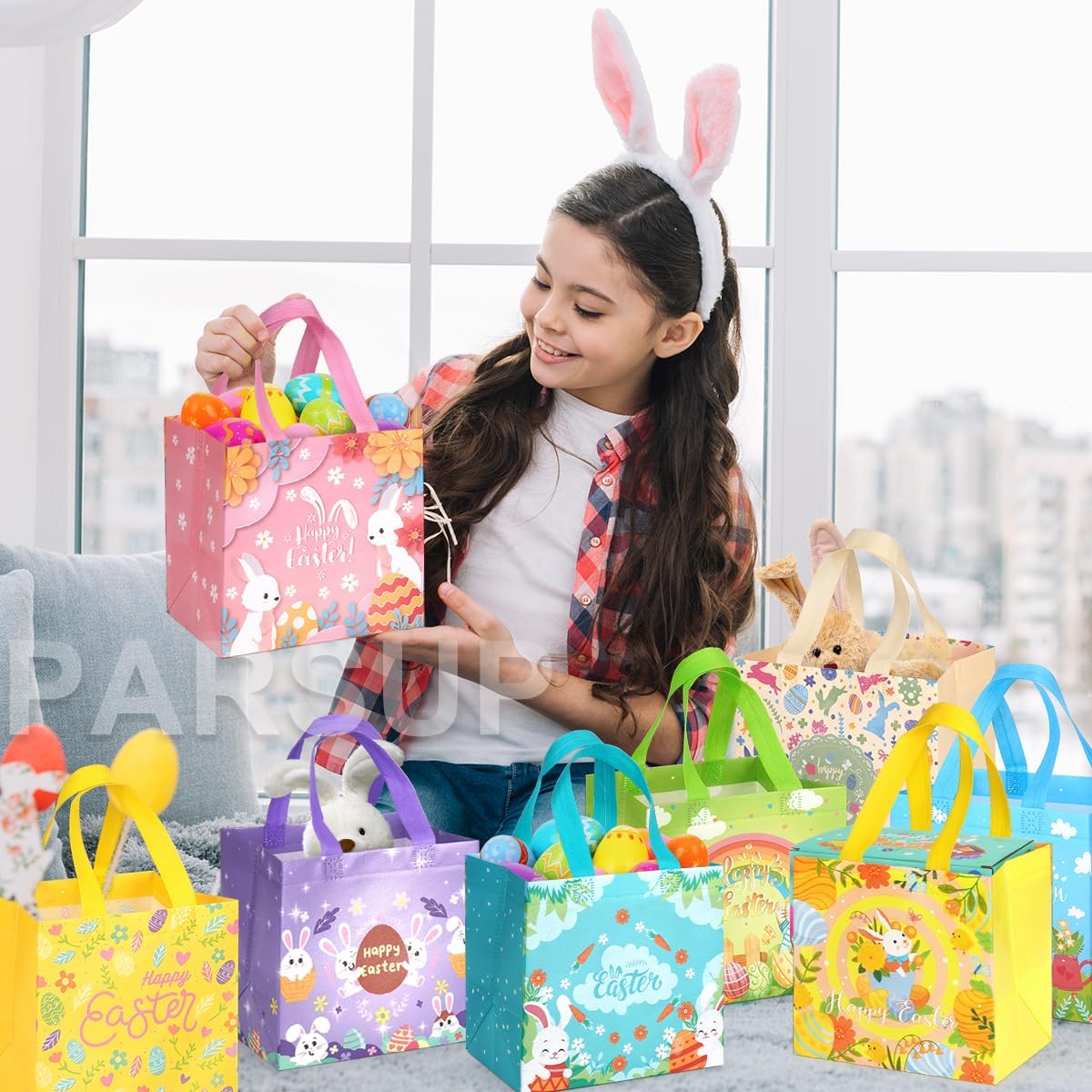 PARSUP 8 PACK Happy Easter Bunny Carrot Chick Egg Hunt Gift Treat Multifunctional Non-Woven Bags with Handles,Easter Party Supplies for Gifts Wrapping, 7.9×7.9×5.9inch