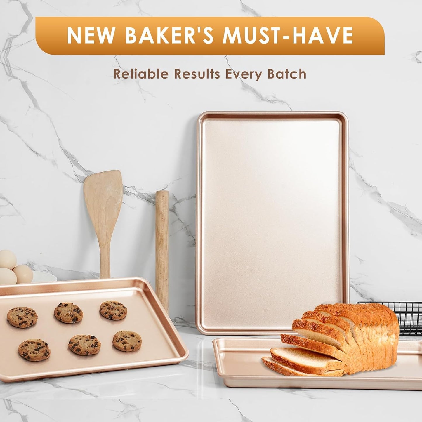 Skiennix Baking Sheet Pan Set of 3 - Nonstick Heavy Duty Cookie Sheets | Easy Clean Rose Gold