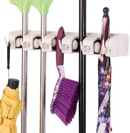 Tangkula Wall Mount Broom Holder - 5 Slot Organizer with 6 Hooks for Home, Garage & Kitchen (White)