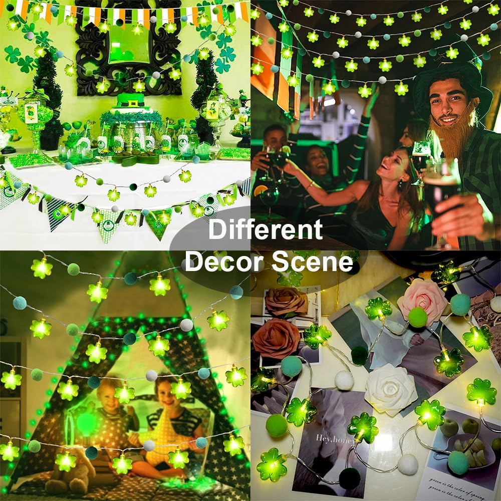 Skiennix St. Patrick's Day Lights Garland - 20 LED Lucky Clover Pompoms | 9.85ft Indoor Decor