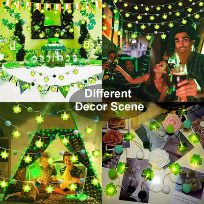 Skiennix St. Patrick's Day Lights Garland - 20 LED Lucky Clover Pompoms | 9.85ft Indoor Decor