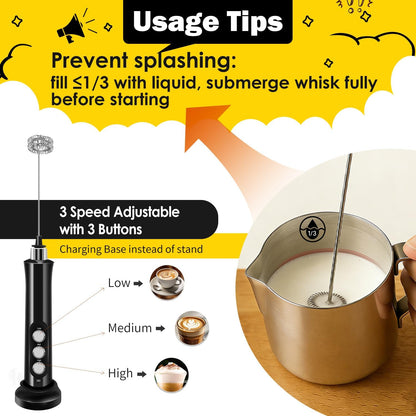 Skiennix Rechargeable Milk Frother - 3 Detachable Stainless Steel Whisks | Adjustable Speed Electric Mixer with Storage Base
