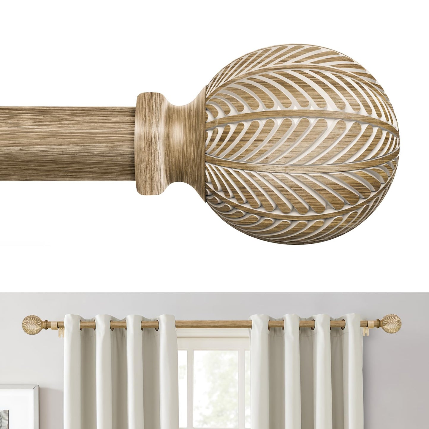 OICIPT Boho Wood Curtain Rods for Windows 48 to 84 Inch, 1" Adjustable Curtain Rod with Imitation Wooden Grain Finials, Decorative Heavy Duty Rustic Farmhouse Drapery Rods, 36-88'', Weathered Wood