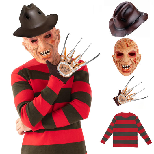 Freddy Costume Boys Green And Red Striped Sweater Kids Scary Horror Movie Halloween Cosplay Outfit Hat Glove Mask(4pcs, L)