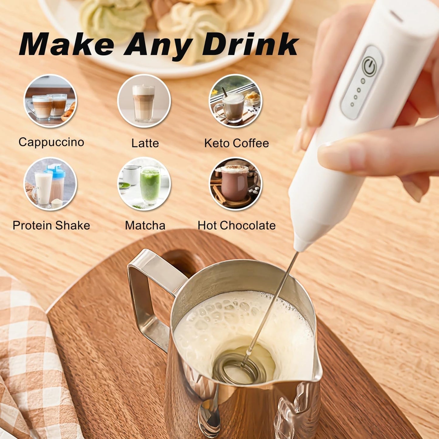 Skiennix Rechargeable Milk Frother - USB-C Coffee Foam Maker with Stainless Steel Whisk | 3 Speeds, White