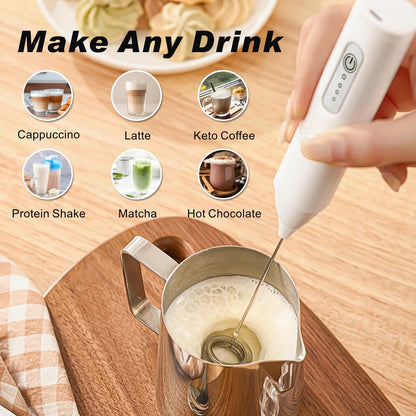 Skiennix Rechargeable Milk Frother - USB-C Coffee Foam Maker with Stainless Steel Whisk | 3 Speeds, White