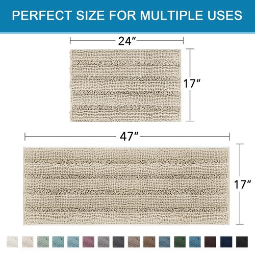 H.VERSAILTEX Bathroom Rug Sets 2 Piece Bath Mats Non Slip Thick Soft Chenille Striped Bath Rug achine Washable Shower Floor Rugs for Tub, Shower and Floor (Fog, 47" x 17"/17" x 24")