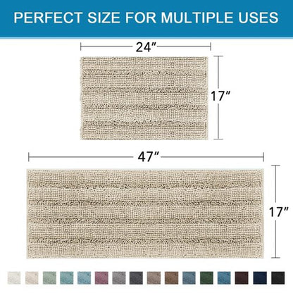 H.VERSAILTEX Bathroom Rug Sets 2 Piece Bath Mats Non Slip Thick Soft Chenille Striped Bath Rug achine Washable Shower Floor Rugs for Tub, Shower and Floor (Fog, 47" x 17"/17" x 24")