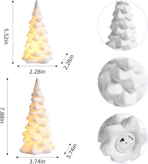 AOMOONOA White Ceramic Christmas Trees - 2Pcs Light Up Porcelain Xmas Tree Figurines for Modern Home Decor