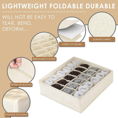 Criusia Sock Organizer - 3 Pack Fabric Drawer Dividers with 64 Cells for Socks, Underwear & Ties | Beige