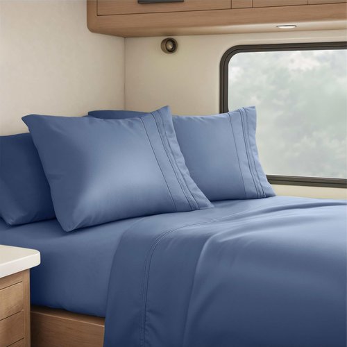 Hearth & Harbor Short Queen Sheets for RV, Navy Blue RV Queen Sheets, Silky Soft 1800 Microfiber Bed Sheet for Camper, 4 Piece RV Bedding with Pillowcases