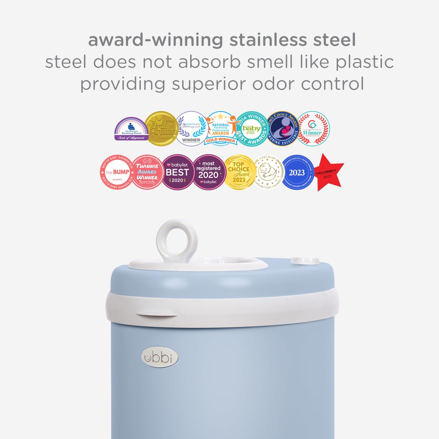 Ubbi Steel Diaper Pail, Odor Locking, No Special Bag Required, Award-Winning, Registry Must-Have, Cloudy Blue
