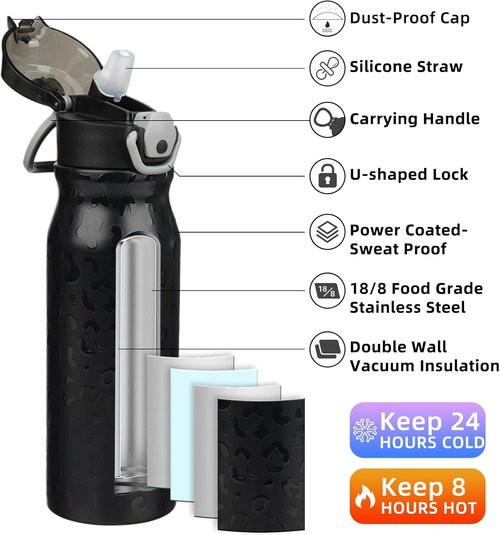 BJPKPK 25oz Insulated Water Bottle - BPA-Free Stainless Steel, Leak-Proof Design, Black Leopard