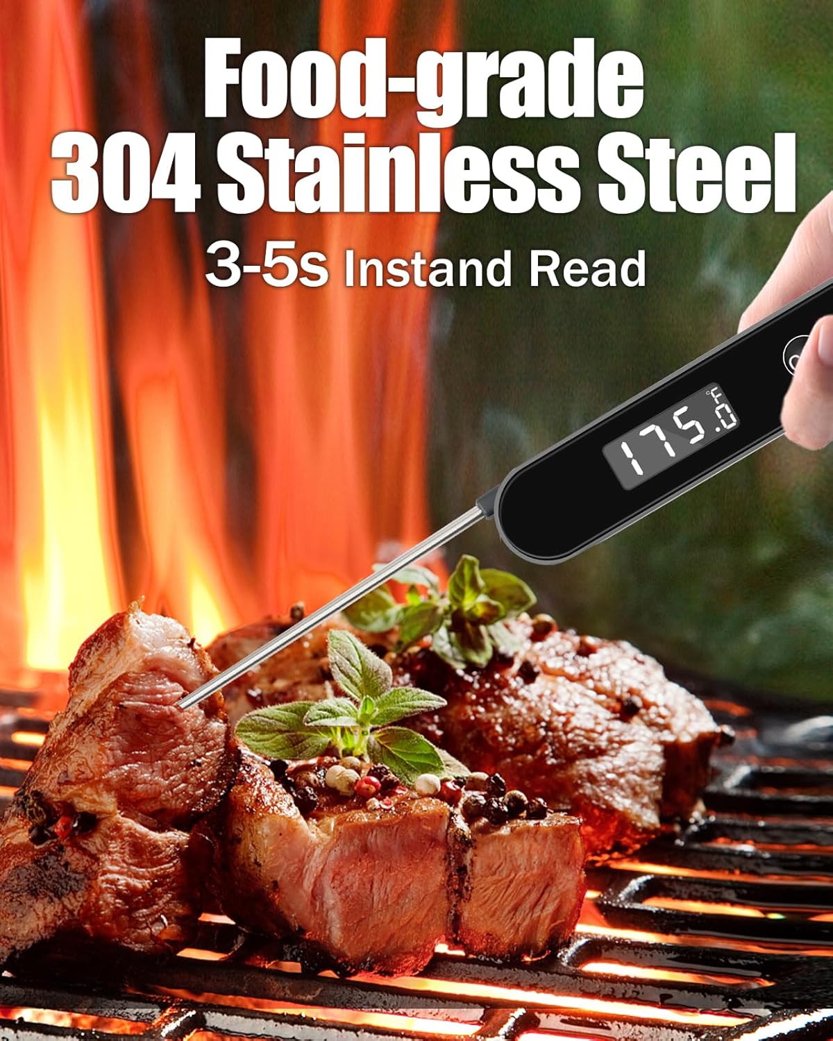 Meat Thermometer - Instant Read Digital Cooking & Grilling Thermometer with Folding Probe | Backlit LCD, Magnetic Storage (Black)