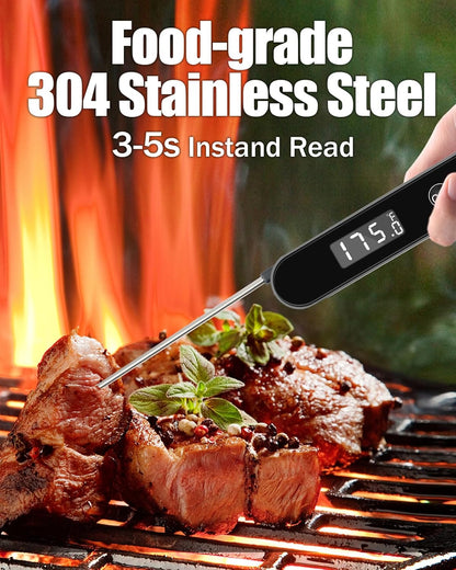 Meat Thermometer - Instant Read Digital Cooking & Grilling Thermometer with Folding Probe | Backlit LCD, Magnetic Storage (Black)
