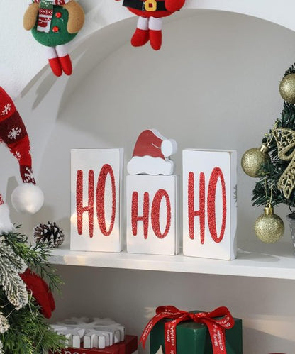 Ho Wood Christmas Blocks - Festive Wooden Tabletop Signs for Holiday Decor | 4 Pieces (White)
