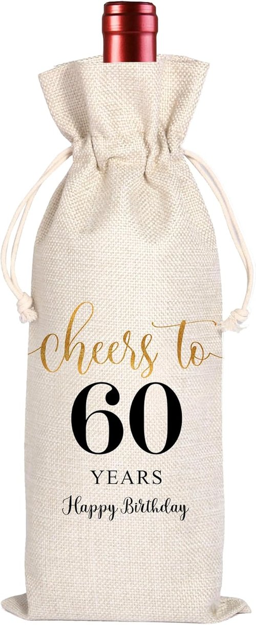 60th Birthday Wine Bag, 60th Birthday Gifts for Women Men, 60 Year Old Birthday Gift Party Supplies, Sixty Birthday Gift Idea Wine Bag for Her Girl Friend Sister (Beige-60th, 13.5 x 5.5Inches)