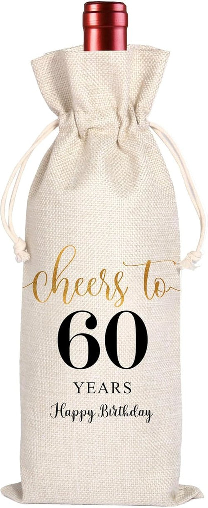 60th Birthday Wine Bag, 60th Birthday Gifts for Women Men, 60 Year Old Birthday Gift Party Supplies, Sixty Birthday Gift Idea Wine Bag for Her Girl Friend Sister (Beige-60th, 13.5 x 5.5Inches)