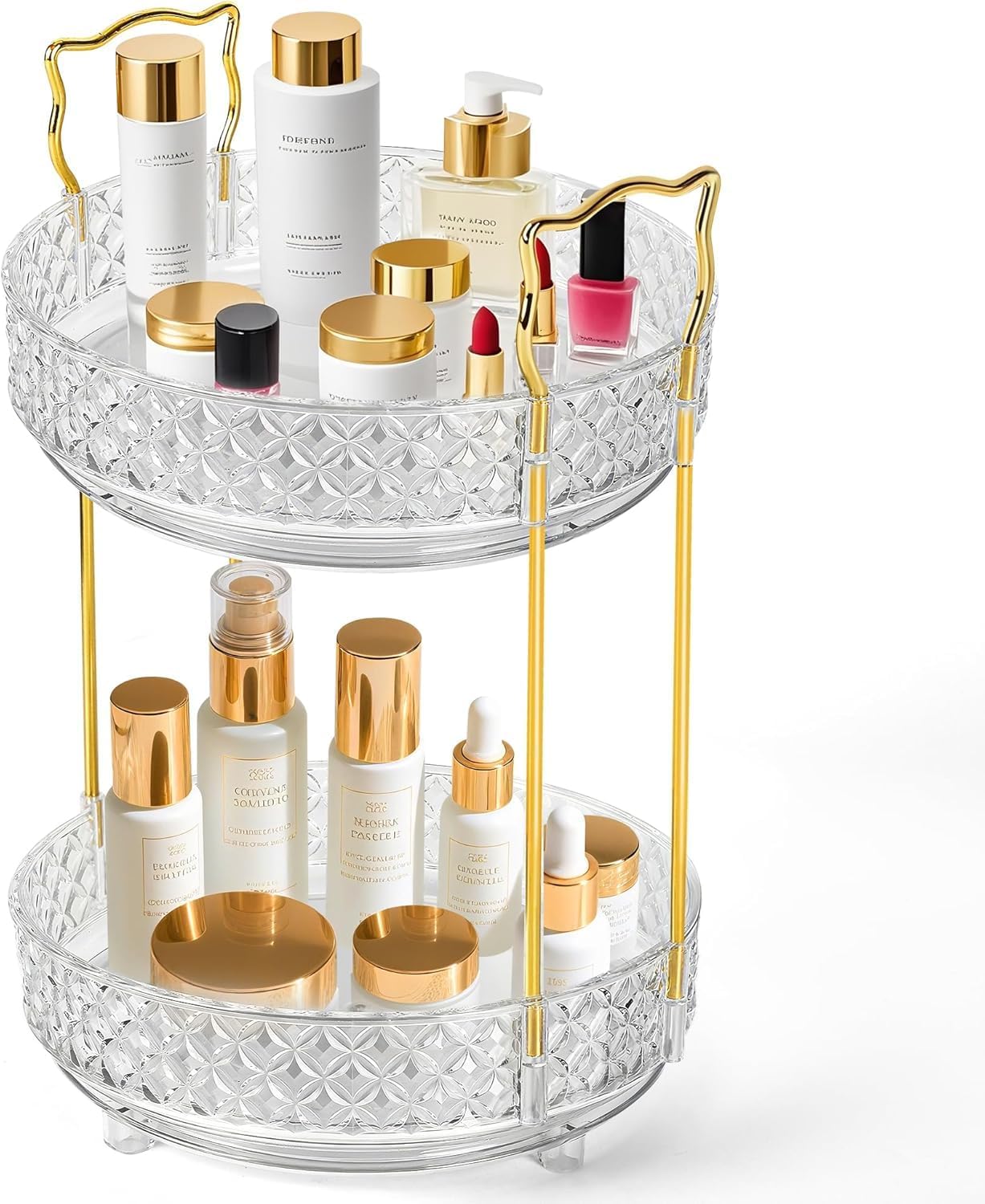 Skiennix 360 Rotating Makeup Organizer - 2-Tier Adjustable Perfume Storage for Vanity & Dresser, Clear
