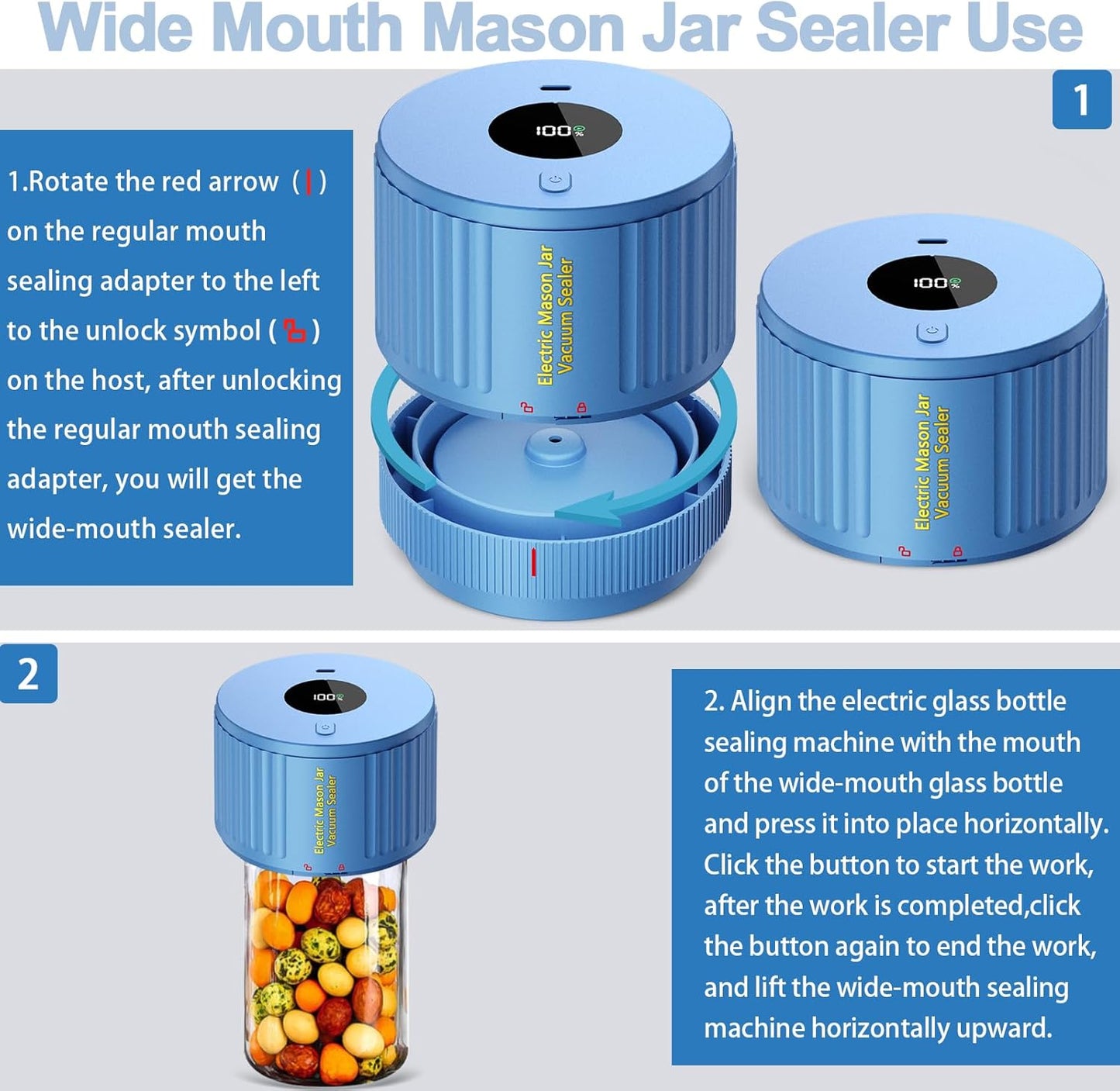 Regine Switzerland Electric Mason Jar Vacuum Sealer Kit - Blue for Wide & Regular Mouth Jars
