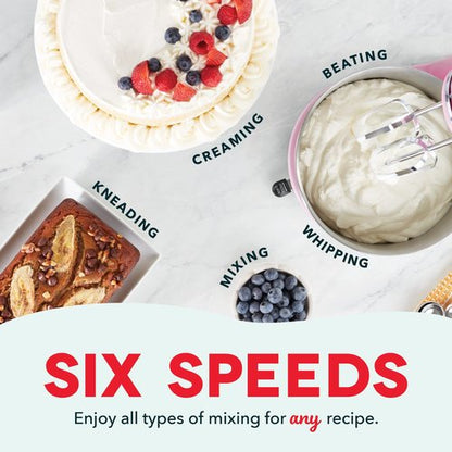 Dash Stand Mixer (Electric Mixer for Everyday Use): 6 Speed Stand Mixer with 3 Quart Stainless Steel Mixing Bowl, Dough Hooks & Mixer Beaters for Dressings, Frosting, Meringues & More - Pink