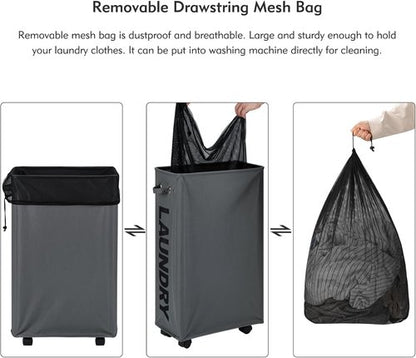 DOKEHOM 29-Inch Slim Laundry Basket - Collapsible Rolling Hamper with Removable Wash Bag | Dark Grey