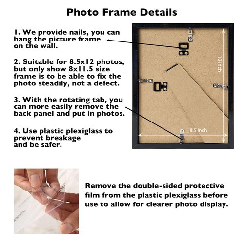 JCJMY 8.5x12 Picture Frame Black for Wall Hanging or Tabletop, Wall Mounting Horizontally or Vertically, 8.5 x 12 Wall Gallery Poster Photo Frame with Shatter Resistant Plexiglass, Black