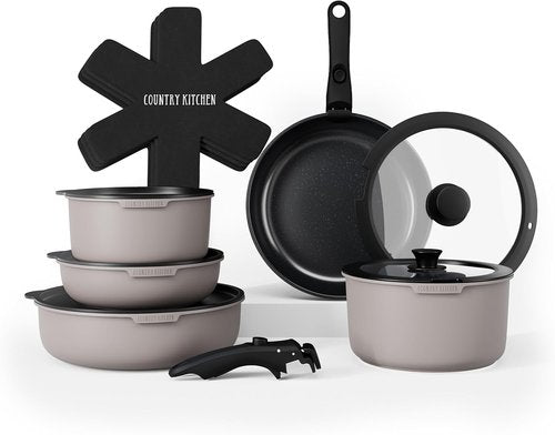 Country Kitchen Cookware Set - Removable Handle, Oven & RV Safe Pots and Pans, Grey/Black