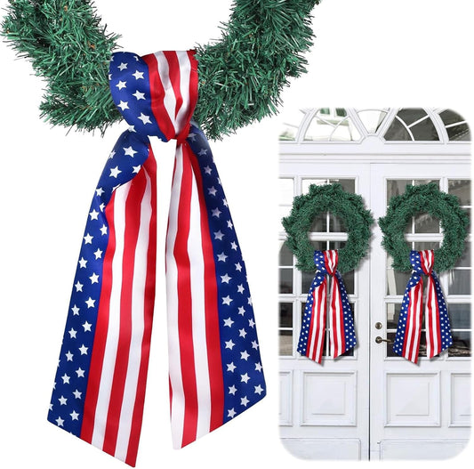 YKW Patriotic Wreath Sash - American Flag Fine Linen Ribbon, 5" W x 55" for 4th of July Decor