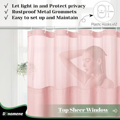 Dynamene 78 Inch Long Shower Curtain, Tall Waffle Fabric Shower Curtains for Bathroom, Hotel Waterproof Cloth Shower Curtain Liner Set with Hooks, Snap in Liner, Mesh Top Window, Pink, 72x78